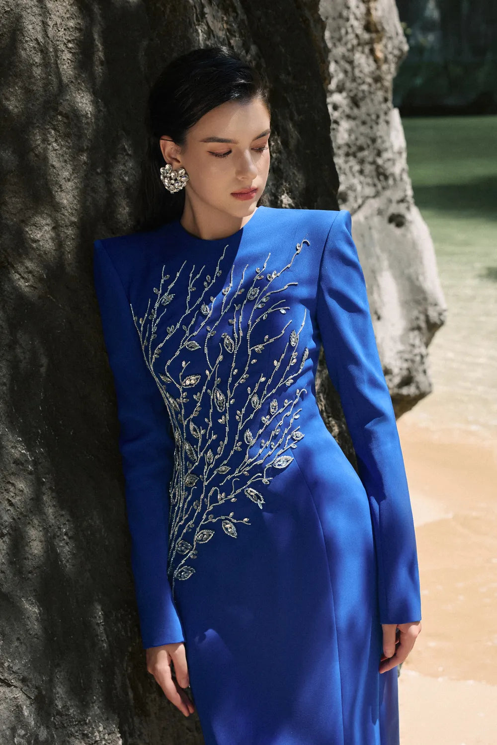 Padded Shoulder Crystal Embellished Straight Dress